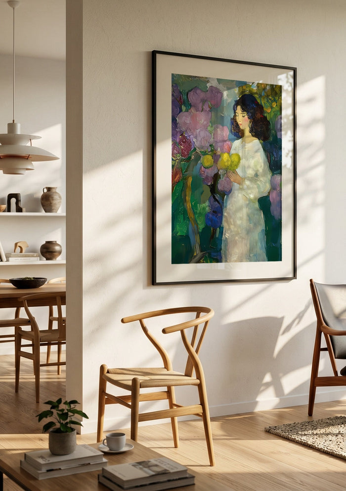 Girl with Yellow Flowers by Elena Avanesova in a black frame in a bright dining room with wooden chairs
