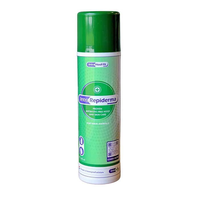 A green aerosol can of Intra Repiderma skin and hoof protection spray.