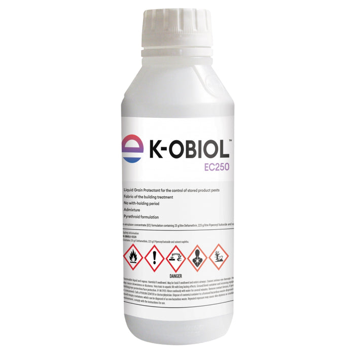 A white plastic bottle of K-OBIOL EC250 liquid drain protectant with a white ribbed cap, shown against a plain white background.