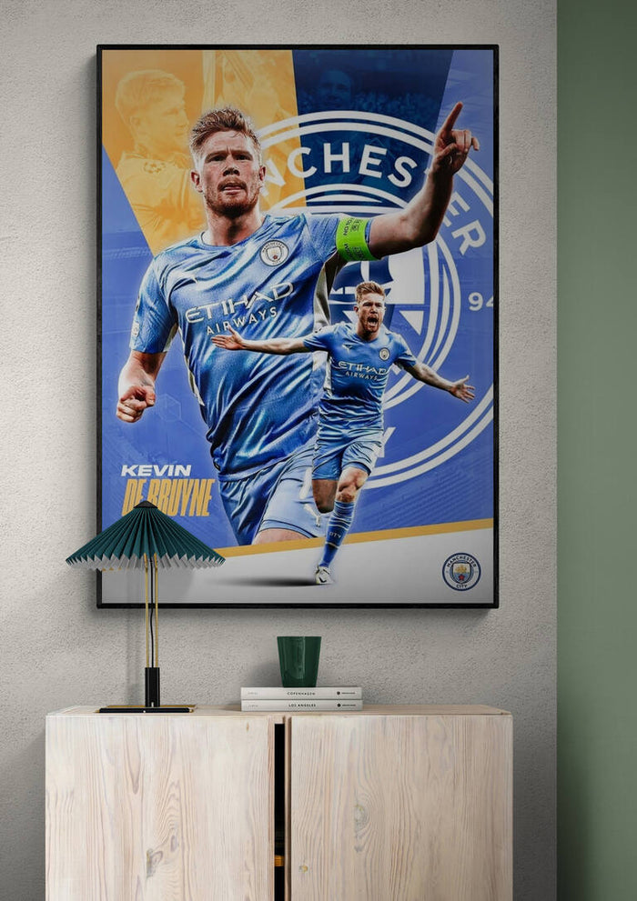 Kevin De Bruyne Football Poster featuring dynamic action shots and Manchester City branding on a wall.