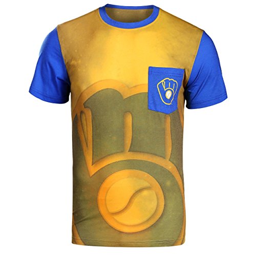 KLEW MLB Men's Milwaukee Brewers Cotton Poly Pocket Logo Tee T-shirt, Gold