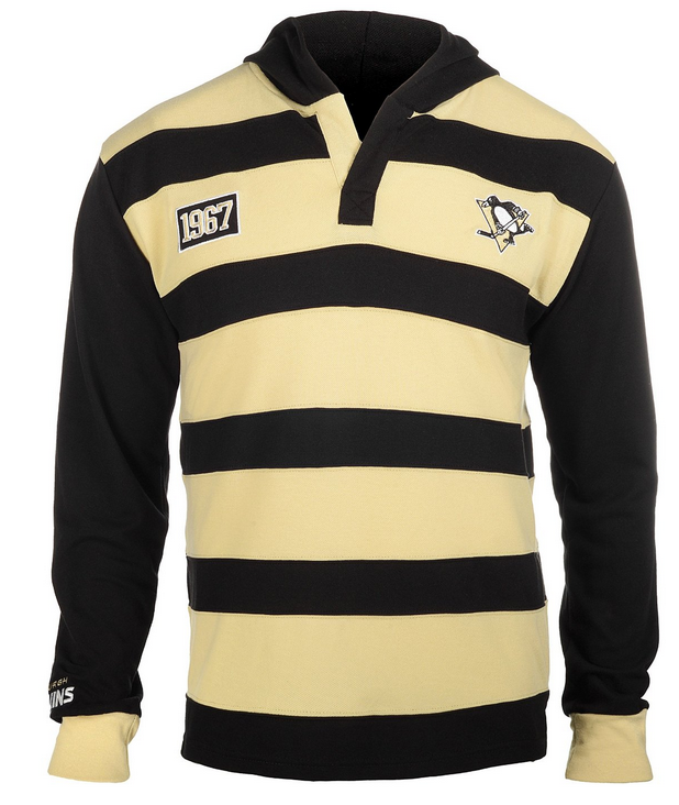 KLEW NHL Men's Pittsburgh Penguins Striped Rugby Pullover Hoodie, Black / Tan