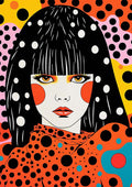 Colorful pop art portrait of a woman with polka dots, inspired by Kusama Yayoi and Vincent V.