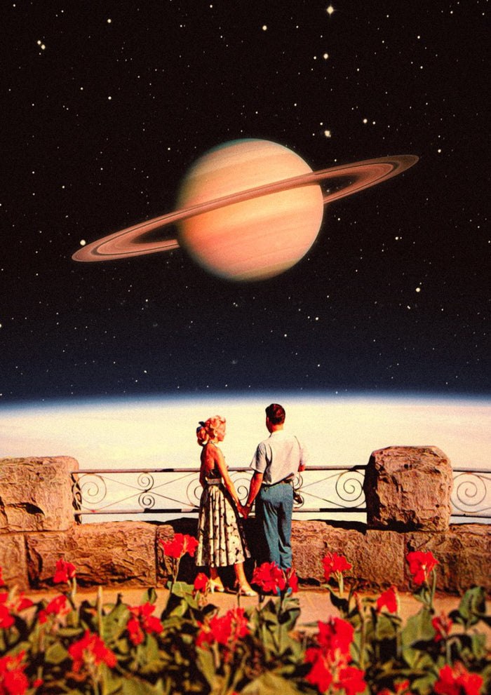 Lovers in Space by Taudalpoi, a 1950s couple watching Saturn above a bed of scarlet flowers