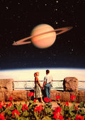 Lovers in Space by Taudalpoi, a 1950s couple watching Saturn above a bed of scarlet flowers