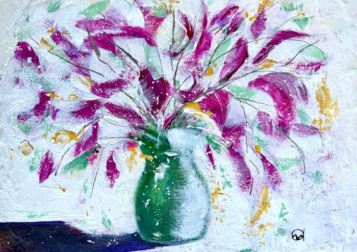 Magenta Bouquet by Marina Agre - magenta and violet flowers in a green vase