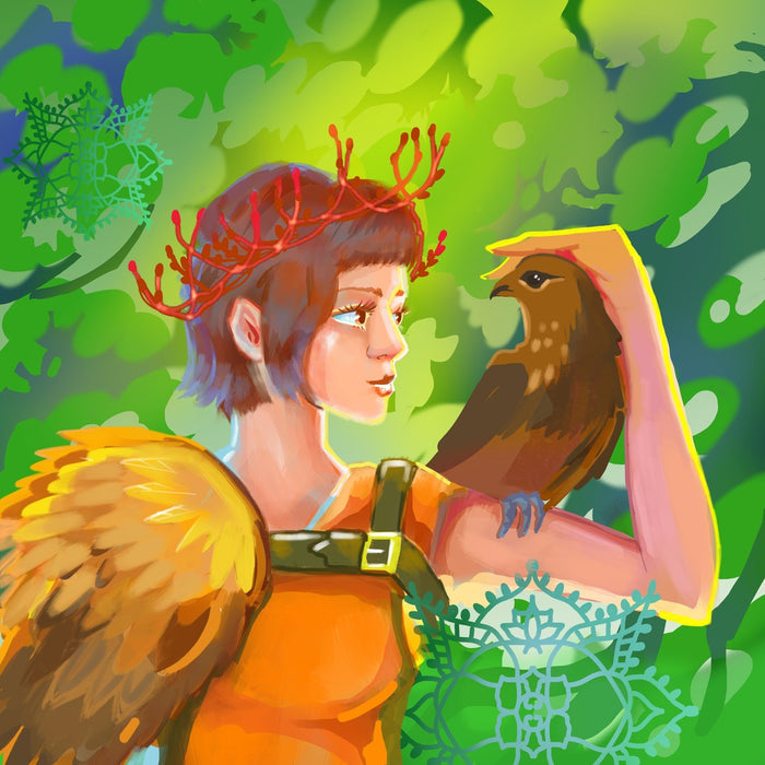 Melnitsa — The Princess by Artenlis - winged girl with a red branch crown and a brown hawk in a green forest