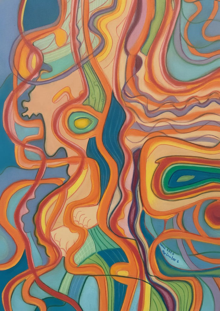 Old Man Running by Muni - abstract pastel of a figure in profile with flowing orange, red and lilac lines on teal