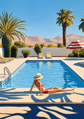 Poolside Afternoon by Elena Avanesova - woman in a red bikini by a blue swimming pool with palm trees and pink mountains