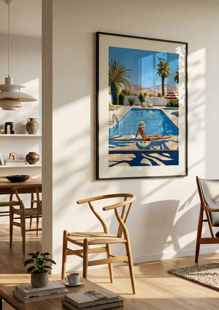 Poolside Afternoon by Elena Avanesova in a black frame in a bright dining room with wooden chairs