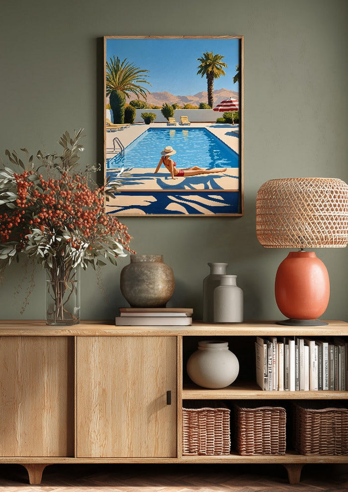 Poolside Afternoon by Elena Avanesova above a wooden sideboard on a sage green wall