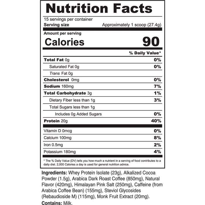 Nutrition Facts for Mocha Protein Coffee: 15 servings per container; serving size approximately 1 scoop, 27.4 g; 90 calories; 0 g fat; 0 mg cholesterol; 160 mg sodium; 3 g carbohydrate; less than 1 g fiber; less than 1 g sugars; 0 g added sugars; 20 g protein.