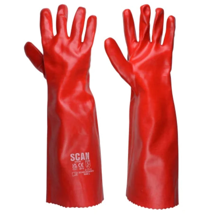 Pair of red gloves with 'SCAN' branding on a white background