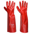 Pair of red gloves with 'SCAN' branding on a white background