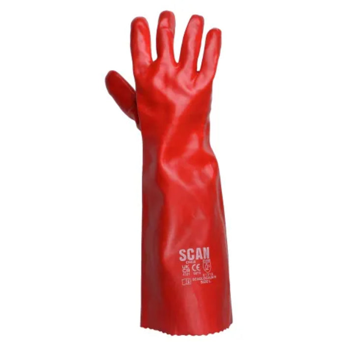 Red rubber glove with 'Scan' branding on a white background