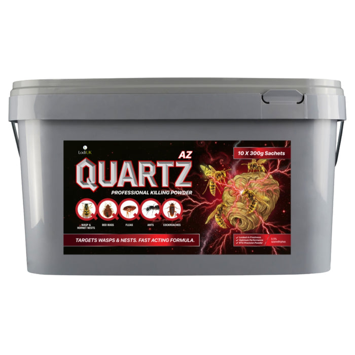 Gray container with a label for AZ Quartz professional killing powder on a white background