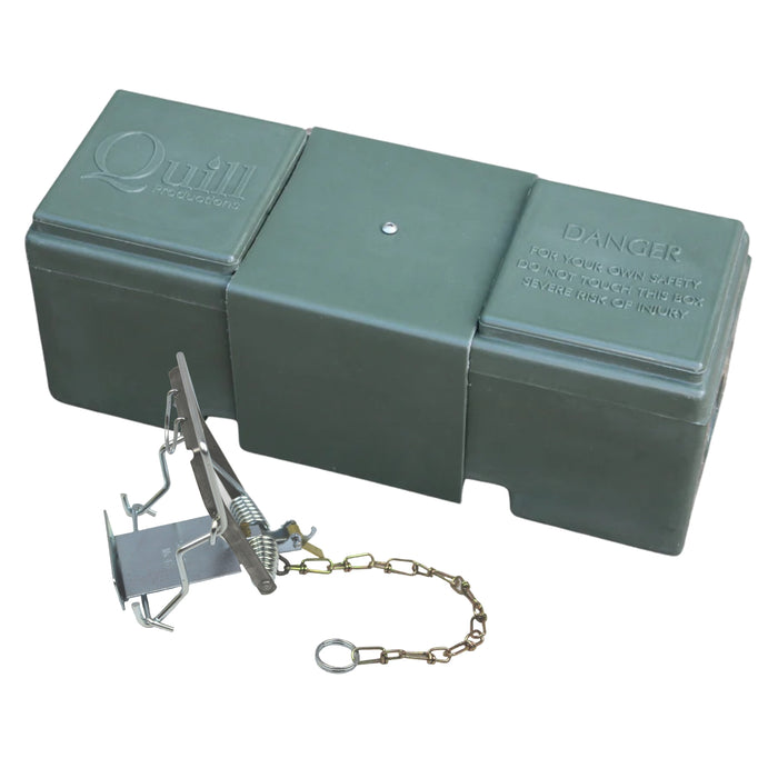 A green Quill Vermin Trap Box with MK4 Fenn Spring Trap, featuring a metal trap mechanism and a chain.