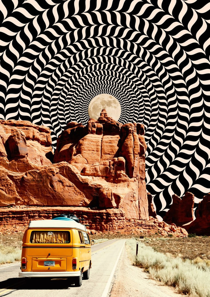 Real Road Trip by Taudalpoi, a yellow camper van on a desert road under an op-art spiral sky