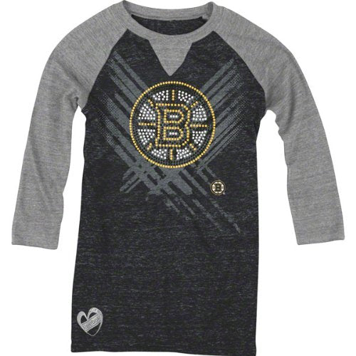Reebok NHL Youth Girl's Boston Bruins Logo 3/4 Sleeve Raglan Tee T-Shirt, Grey