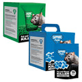 Rodent killer bait products in green and blue packaging