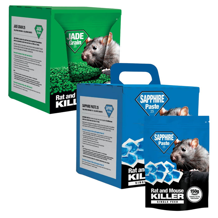 Rodent killer bait products in green and blue packaging