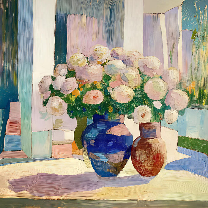 Roses in Two Vases by Elena Avanesova - pale pink roses in a cobalt vase and a rust-brown jug on a sunlit table