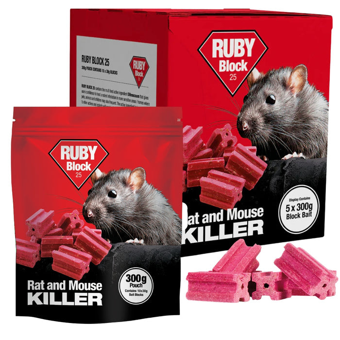 Ruby Block rat and mouse killer packaging with a rat illustration on a white background