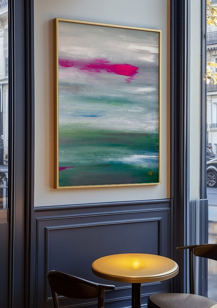 Scarlet sunset 2 by Marina Agre in an oak frame on a panelled café wall
