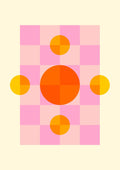 Solar Play by Nanna Paavig, a large orange circle on a pink checkerboard with yellow circles on a butter-yellow ground