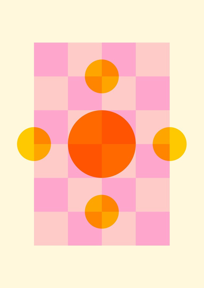 Solar Play by Nanna Paavig, a large orange circle on a pink checkerboard with yellow circles on a butter-yellow ground