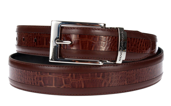 Stacy Adams Mens 6-203 Leather Belt w/ Croco Embossed Center Detail, Cognac