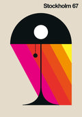Stockholm 67 by Bo Lundberg - black Scandinavian lamp above diagonal bands of magenta, red, orange and yellow