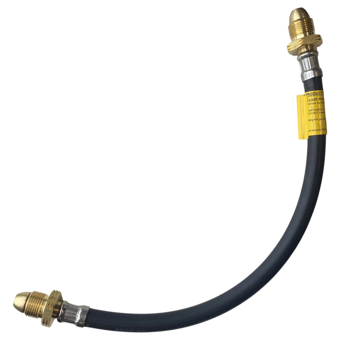 Black hose with brass fittings on a white background