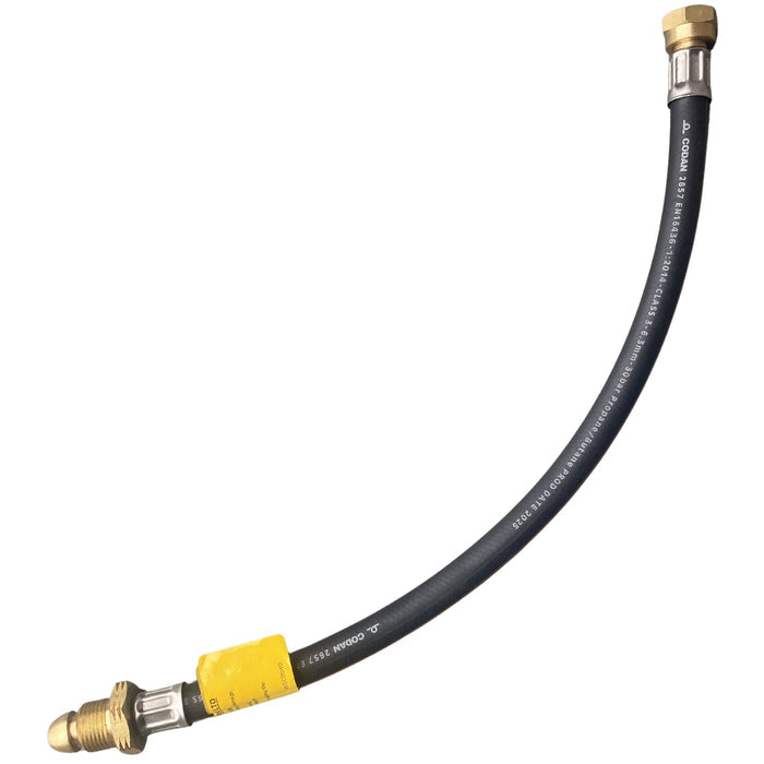 Black rubber hose with brass connectors on a white background
