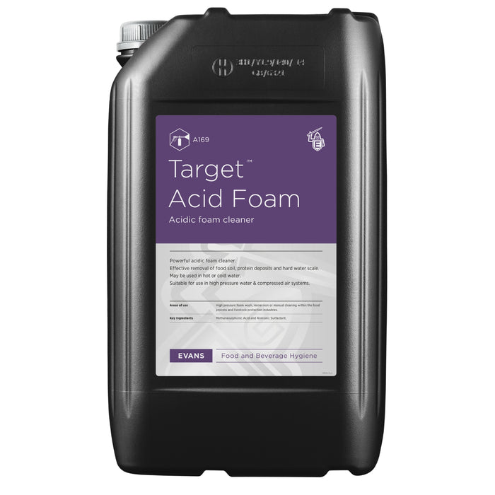 Black container of Target Acid Foam with purple label on a white background