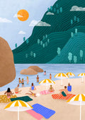 Illustration of people relaxing under umbrellas on a sunny beach, inspired by The Holiday by Bea Muller.