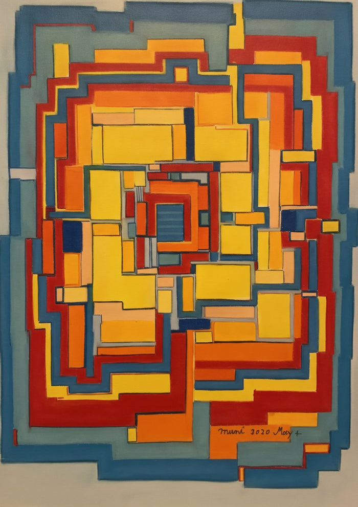 The Labyrinth by Muni - geometric pastel maze of yellow, orange and red blocks framed by slate blue
