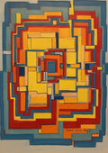 The Labyrinth by Muni - geometric pastel maze of yellow, orange and red blocks framed by slate blue