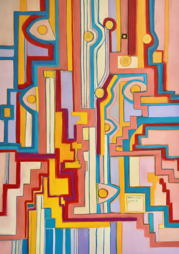 The Railway by Muni - geometric pastel abstract of track-like lines with yellow circles in turquoise, red and yellow on pink