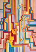 The Railway by Muni - geometric pastel abstract of track-like lines with yellow circles in turquoise, red and yellow on pink