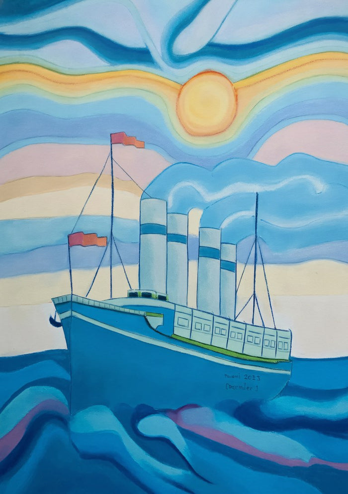 The Steamboat by Muni - pastel drawing of a blue four-funnel steamship on rolling waves under a pale sun