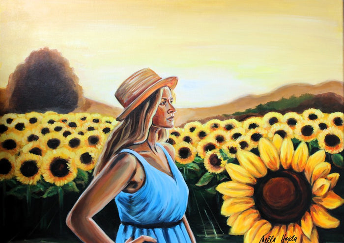 The Sunflower Path by Nella Hajdu - woman in a blue dress in a sunflower field