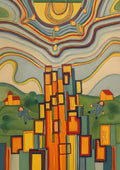 The Tower by Muni - pastel drawing of a tower of orange and yellow blocks under a rippling sky with a yellow sun