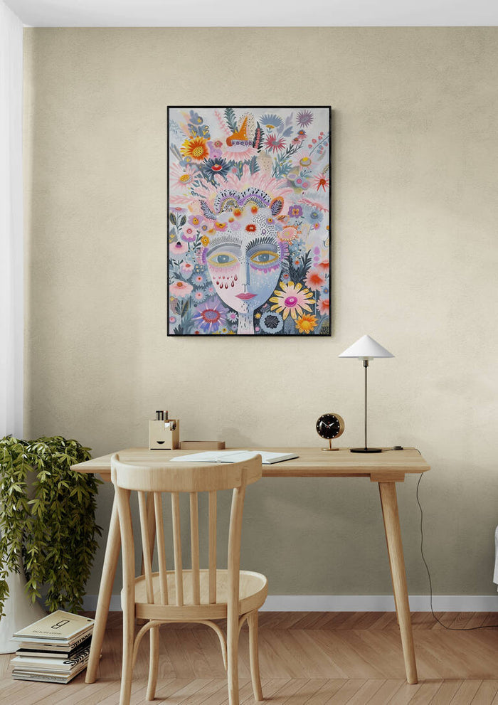 The Tribe - Vincent V. artwork featuring a colorful abstract face with floral and nature elements, hanging above a desk.