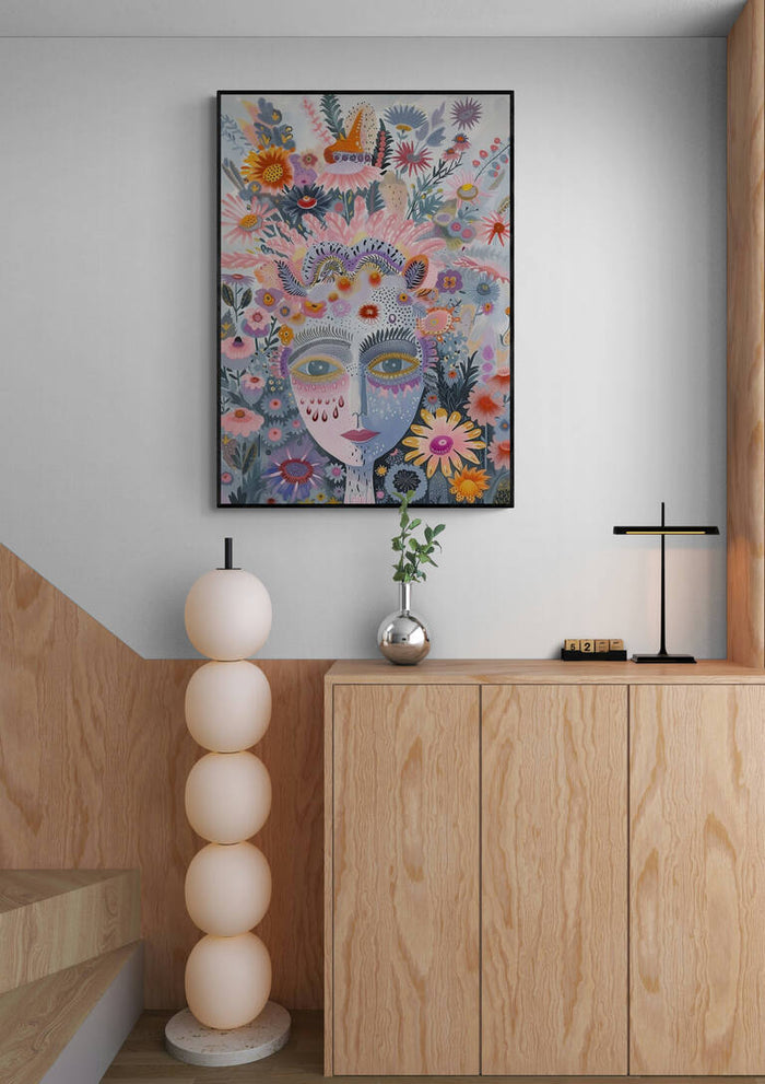 Framed "The Tribe - Vincent V" artwork with floral face design on a modern wood cabinet and neutral interior.