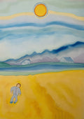 The Wheat Field by Muni - pastel landscape of a small figure in a golden wheat field under a blue sky and bright sun