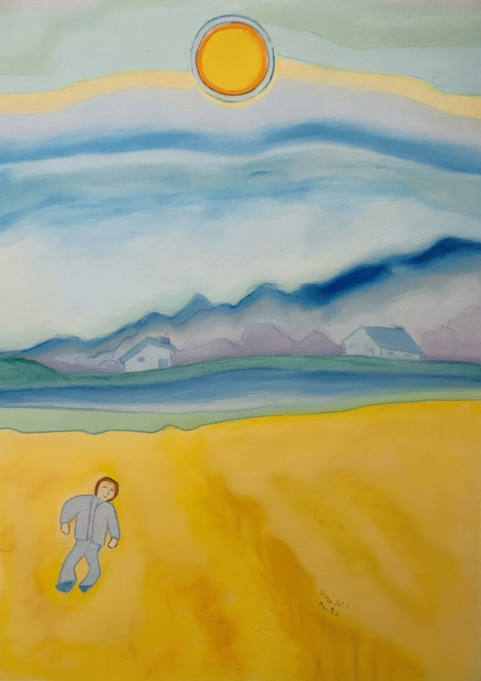 The Wheat Field by Muni - pastel landscape of a small figure in a golden wheat field under a blue sky and bright sun