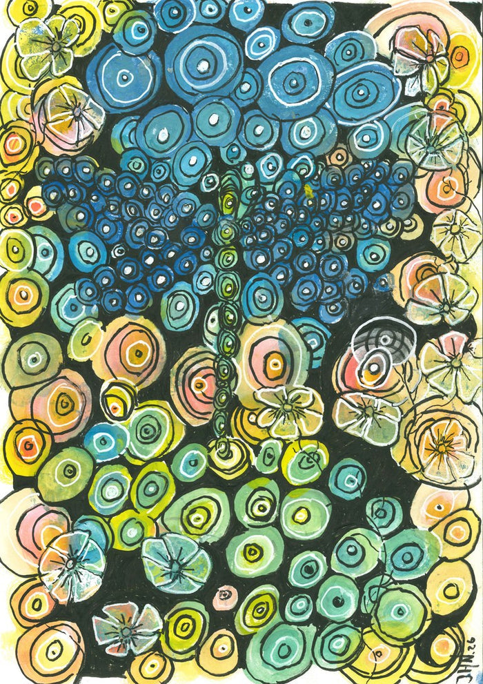 Tree of Circles by JHN.ByHjort - deep blue tree of hand-drawn rings among turquoise, green and yellow circles