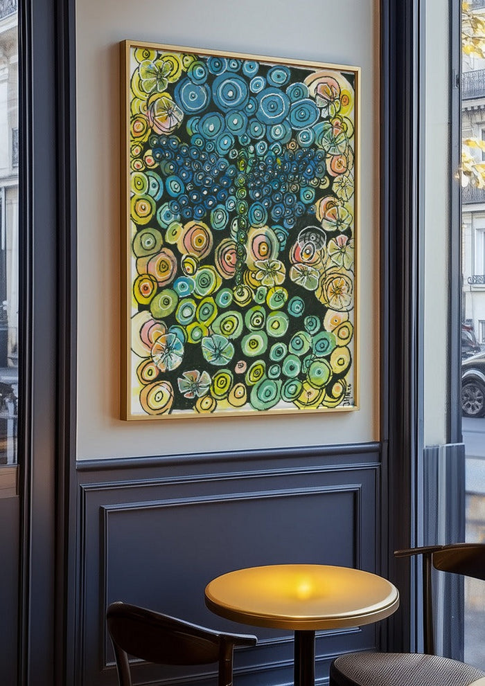 Tree of Circles by JHN.ByHjort in an oak frame on a panelled café wall