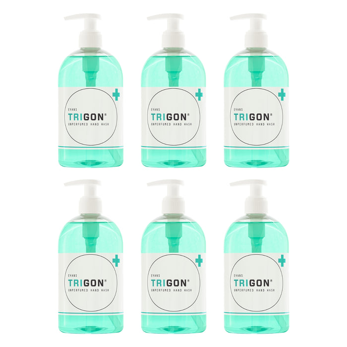 Six bottles of Trigon hand wash on a white background